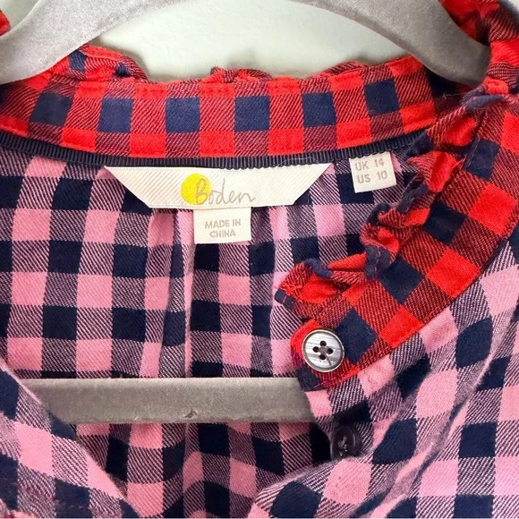 Boden Isla Frill Detail Pink and Black Plaid Cotton Flannel Button Up Shirt - Picture 2 of 10
